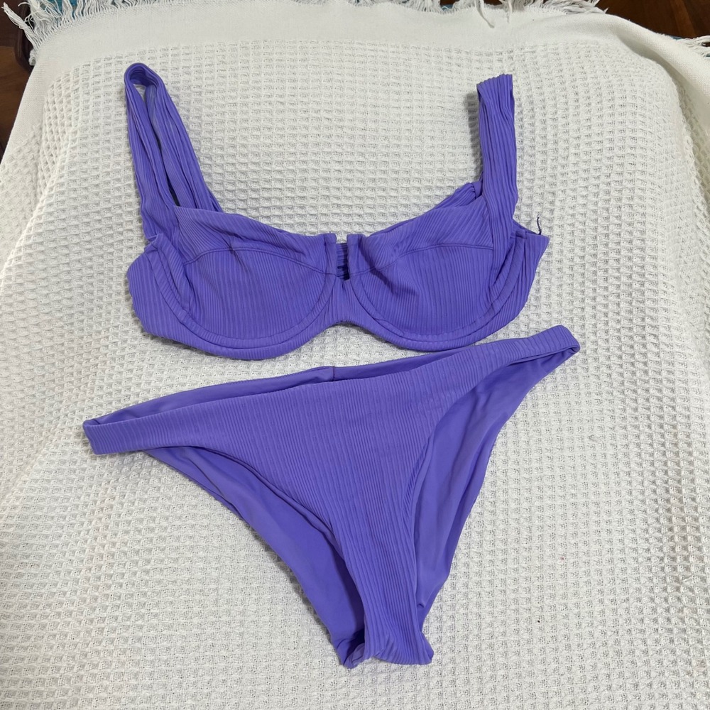 L*Space Two Piece Bikini Swimsuit Purple Ribbed Bra Top Beach Pool Med L Space - Picture 14 of 14